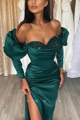P1171 - Off-Shoulder Sweetheart Beads Side Slit Party Formal Prom Dress with Sleeves