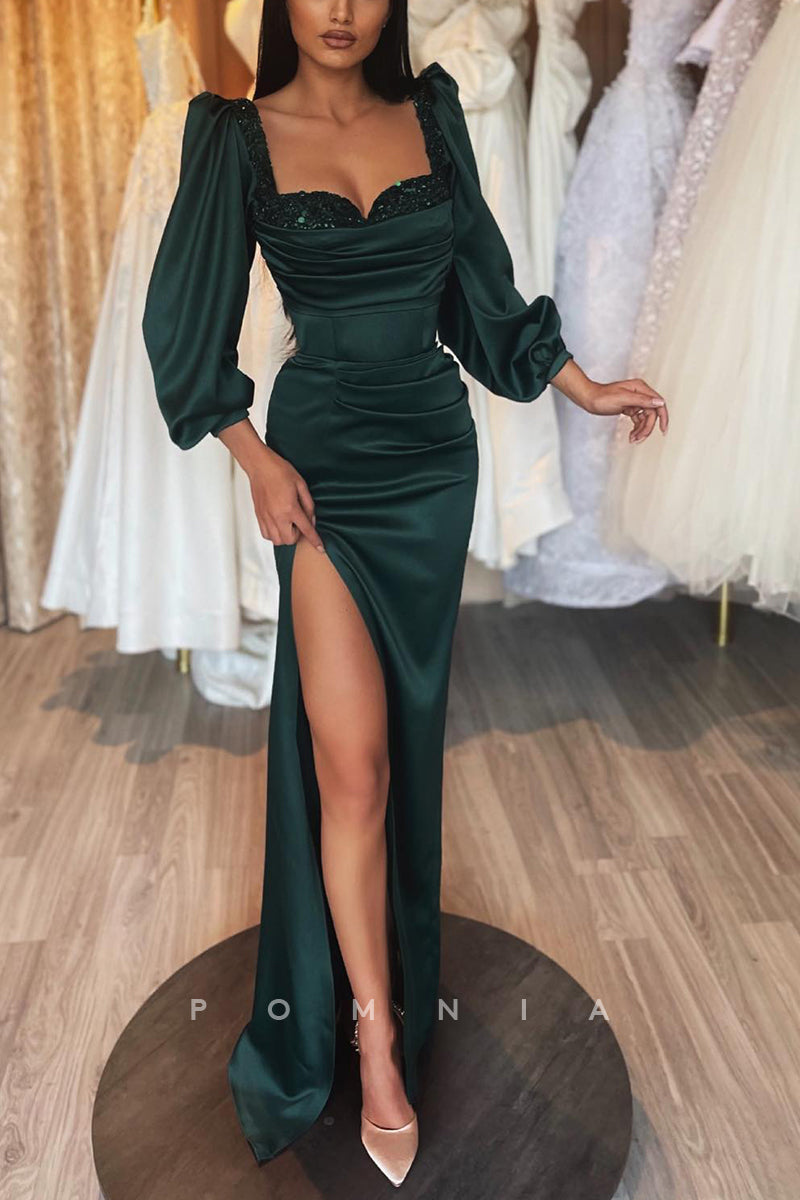 P1172 - Sheath Sweetheart Long Sleeves High Slit Pleats Prom Party Formal Dress