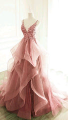Ball Gown Pink Floor Length Sleeveless Lace Prom Dress P1174