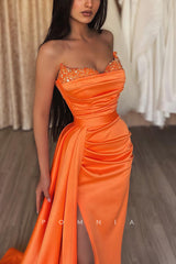 P1175 - Strapless V-Neck Top Sequins Pleats Side Split Formal Prom Party Dress