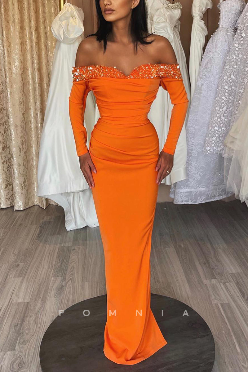 P1177 - Sheath Off-Shoulder Beads Pleats Formal Party Prom Dress with Sleeves