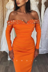 P1177 - Sheath Off-Shoulder Beads Pleats Formal Party Prom Dress with Sleeves