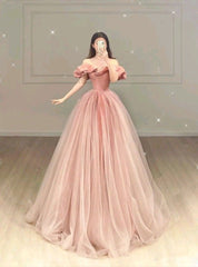 Ball Gown Off The Shoulder Floor Length Sleeveless Pink Prom Dress P1178