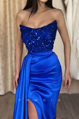 P1179 - Off-Shoulder Scoop Top Sequins Pleats Prom Party Dress with Split