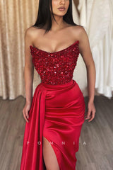 P1179 - Off-Shoulder Scoop Top Sequins Pleats Prom Party Dress with Split