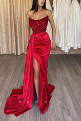 P1179 - Off-Shoulder Scoop Top Sequins Pleats Prom Party Dress with Split