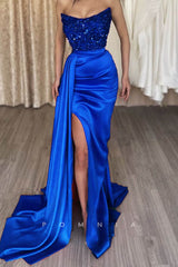 P1179 - Off-Shoulder Scoop Top Sequins Pleats Prom Party Dress with Split