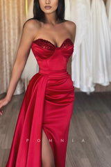 P1180 - Sheath/Column Strapless Beads High Slit Party Prom Formal Dress with Train