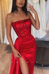 P1181 - Strapless Pleats Sleeeveless Sequines Side Split FormalProm Party with Train