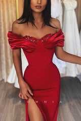 P1182 - Off-Shoulder Beads Cap Sleeves Sheath Prom Formal Prom Dress