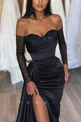 P1183 - Chic Strapless Beads Sweetheart Pleats Formal Prom Party Dress with Sleeves