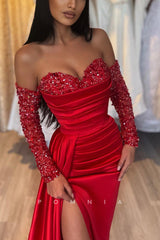 P1183 - Chic Strapless Beads Sweetheart Pleats Formal Prom Party Dress with Sleeves