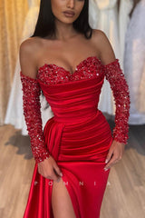 P1183 - Chic Strapless Beads Sweetheart Pleats Formal Prom Party Dress with Sleeves