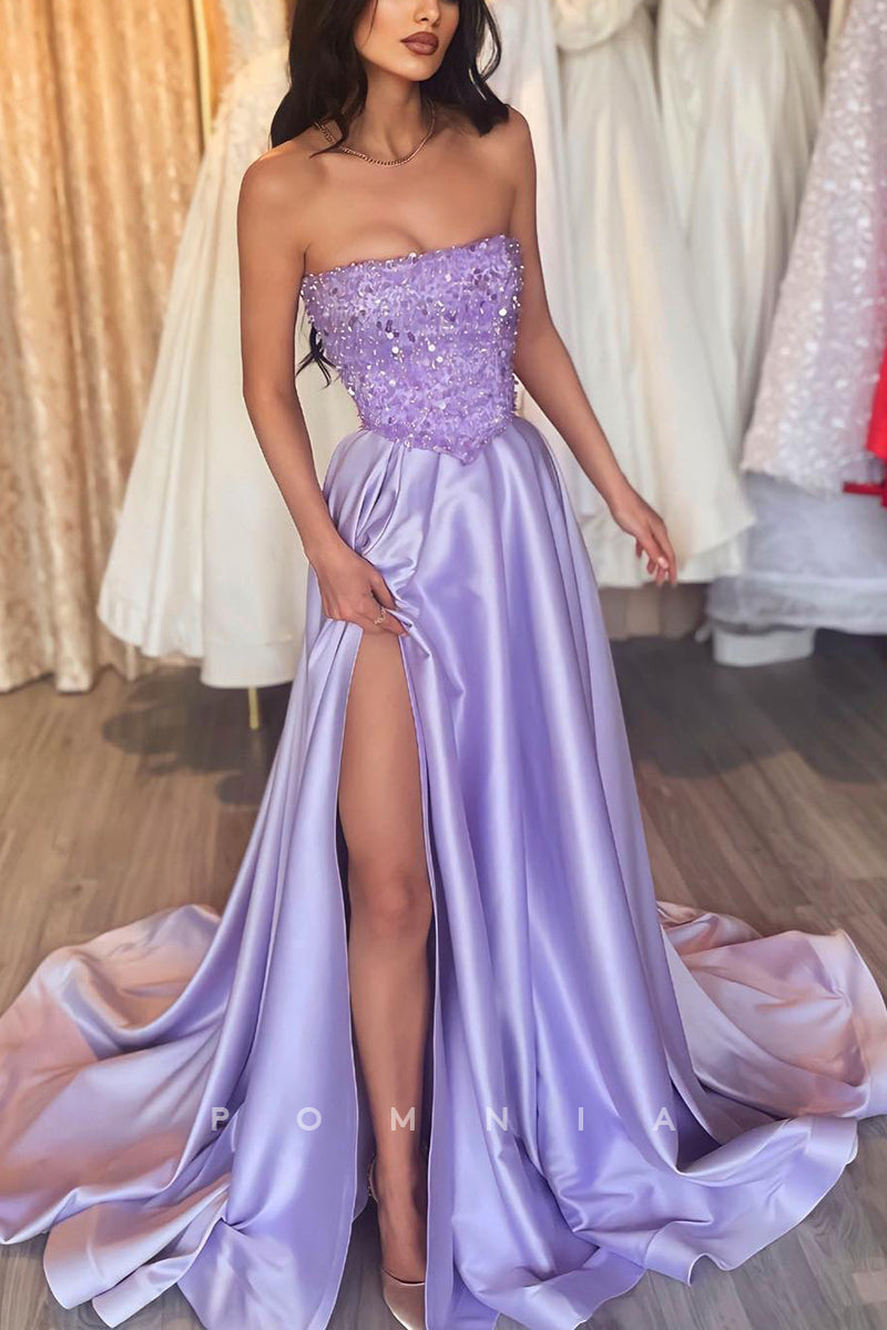 P1185 - A-Line Strapless Pleats Top Sequins Long Sleeveless Prom Formal Party Dress