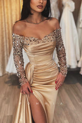 P1187 - Off-Shoulder V-Neck Long Sleeves Beads Prom Party Formal Dress with Slit