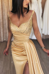 P1188 - Sheath Double Straps Pleats Sequins Appliques Prom Party Dress with Slit