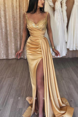 P1188 - Sheath Double Straps Pleats Sequins Appliques Prom Party Dress with Slit