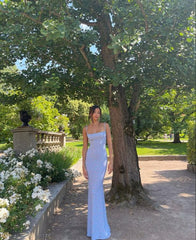 Vintage Mermaid Straps Light Sky Blue Floor Length Sleeveless Prom Dress P1190