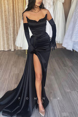 P1192 - Off-Shoulder V-Neck Beads Side Slit Pleats Prom Formal Dress with Gloves