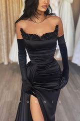P1192 - Off-Shoulder V-Neck Beads Side Slit Pleats Prom Formal Dress with Gloves