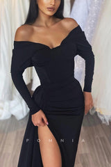 P1193 - Long Sleeves Strapless V-Neck  Prom Party Long Formal Dress with Slit