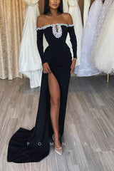 P1194 - Off-Shoulder Pearls Long Sleeves High Slit Prom Formal Party Dress