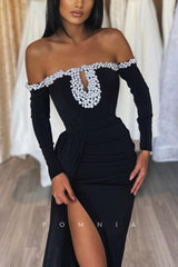 P1194 - Off-Shoulder Pearls Long Sleeves High Slit Prom Formal Party Dress