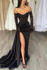 P1195 - Charming Strapless V-Neck Appliques Side Slit Formal Prom Dress with Sleeves