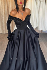P1196 - A-Line Off-Shoulder V-Neck Beads Pleated Prom Formal Dress with Sleeves