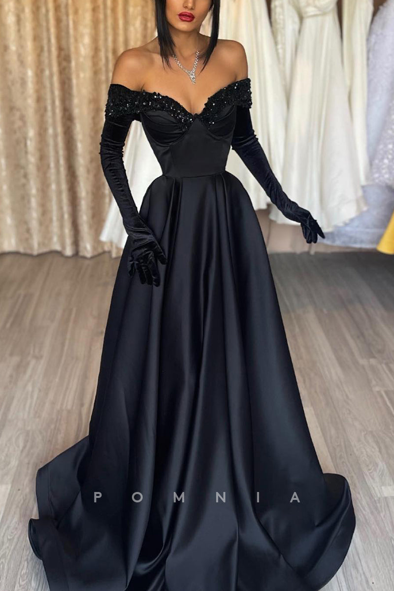 P1196 - A-Line Off-Shoulder V-Neck Beads Pleated Prom Formal Dress with Sleeves