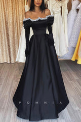 P1197 - A-Line Strapless Pearls Sleeves Satin Formal Party Prom Dress with Gloves