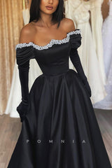 P1197 - A-Line Strapless Pearls Sleeves Satin Formal Party Prom Dress with Gloves