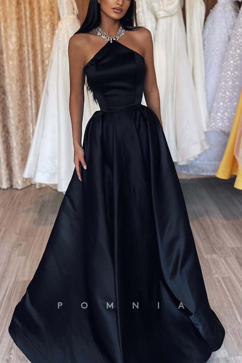 P1198 - Halter A-Line Sleeveless Pleats Satin Empier-Waist  Long Party Prom Formal Dress