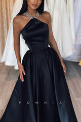 P1198 - Halter A-Line Sleeveless Pleats Satin Empier-Waist  Long Party Prom Formal Dress