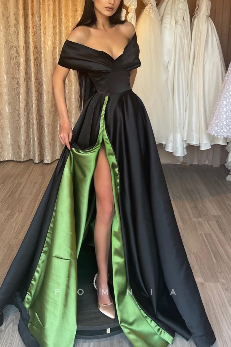 P1199 - A-Line Strapless V-Neck High Slit Pleats Prom Party Formal Dress