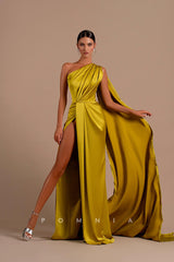 P1200 - Classy One Shoulder High Slit Pleats Sleeveless Long Prom Evening Dress