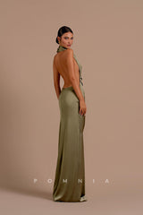 P1201 - High Neck Sheath Sleeveless Pleats Satin Prom Evening Formal Dress