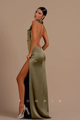 P1201 - High Neck Sheath Sleeveless Pleats Satin Prom Evening Formal Dress