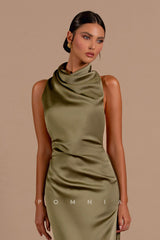P1201 - High Neck Sheath Sleeveless Pleats Satin Prom Evening Formal Dress