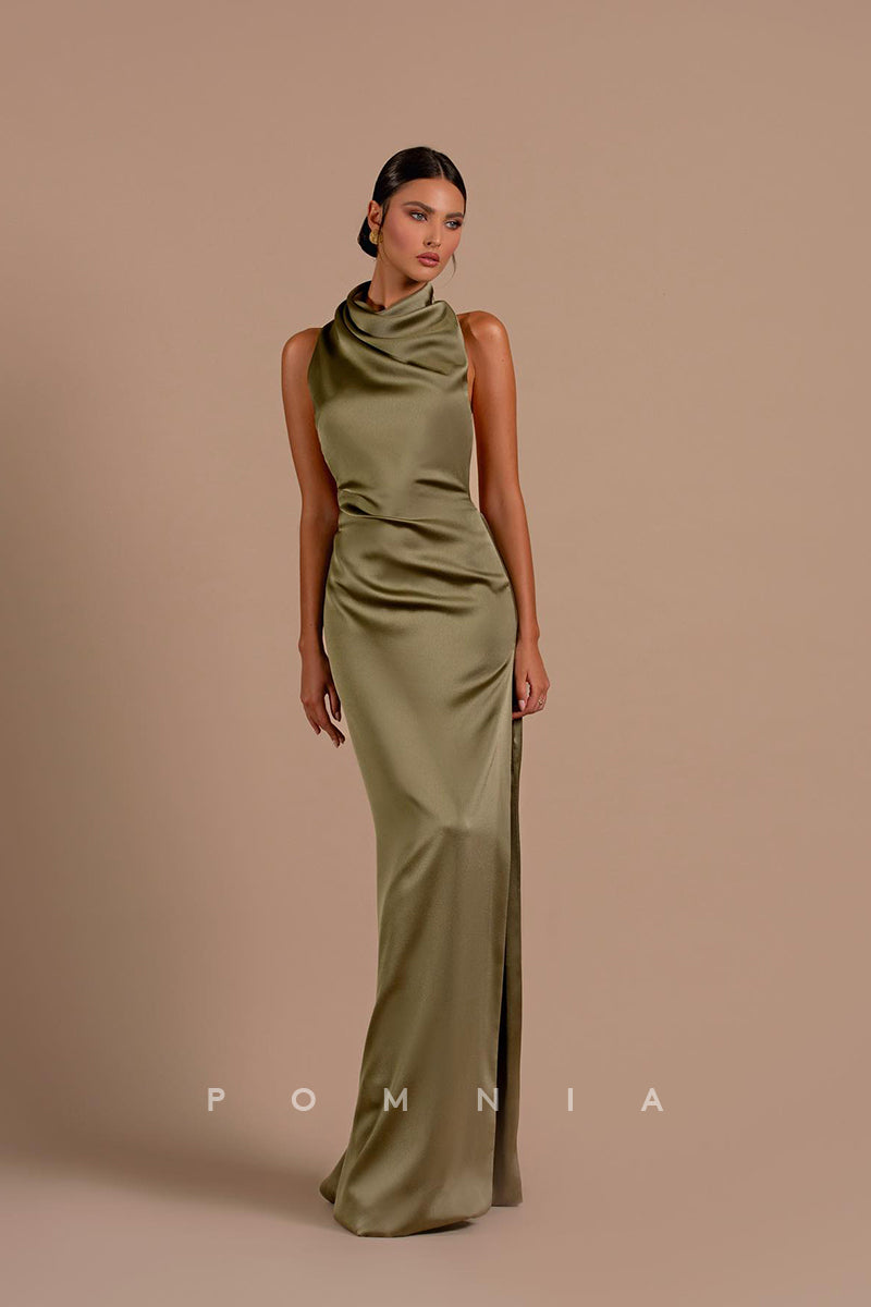 P1201 - High Neck Sheath Sleeveless Pleats Satin Prom Evening Formal Dress