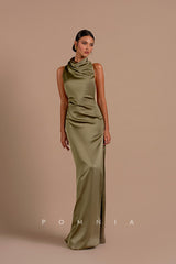 P1201 - High Neck Sheath Sleeveless Pleats Satin Prom Evening Formal Dress