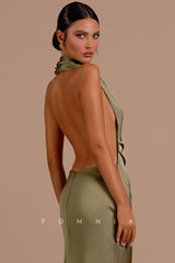 P1201 - High Neck Sheath Sleeveless Pleats Satin Prom Evening Formal Dress