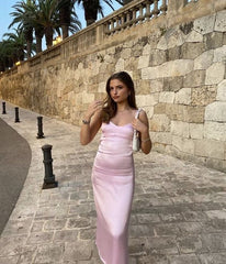 Vintage Mermaid Sleeveless Silk Satin Light Pink Prom Dress P1201