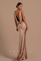P1202 - Deep V-Neck Sleeveless Sheath Pleats Elastic Satin Prom Evening Dress
