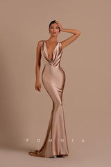 P1202 - Deep V-Neck Sleeveless Sheath Pleats Elastic Satin Prom Evening Dress