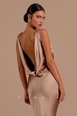 P1202 - Deep V-Neck Sleeveless Sheath Pleats Elastic Satin Prom Evening Dress