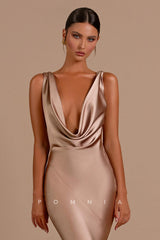 P1202 - Deep V-Neck Sleeveless Sheath Pleats Elastic Satin Prom Evening Dress