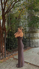 Vintage Mermaid Sleeveless Long Brown Prom Dress P1202
