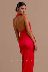 P1203 - Halter Low V-Neck High Slit Pleats Satin Long Evening Prom Dress