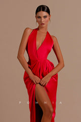 P1203 - Halter Low V-Neck High Slit Pleats Satin Long Evening Prom Dress